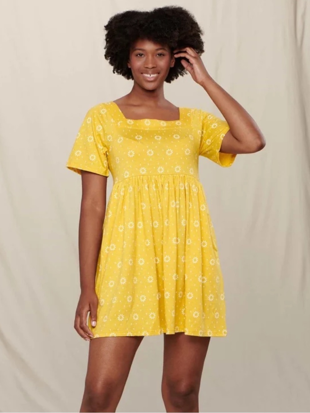 Toad&Co Samba Babydoll Dress Bright Yellow Daisy Floral Print Tencel Pockets